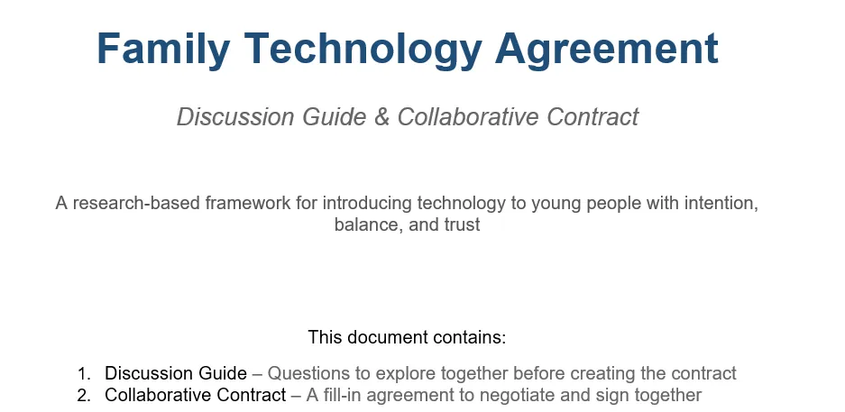 The first page of the downloadable Family Technology Agreement, containing a discussion guide and a fill-in collaborative contract.